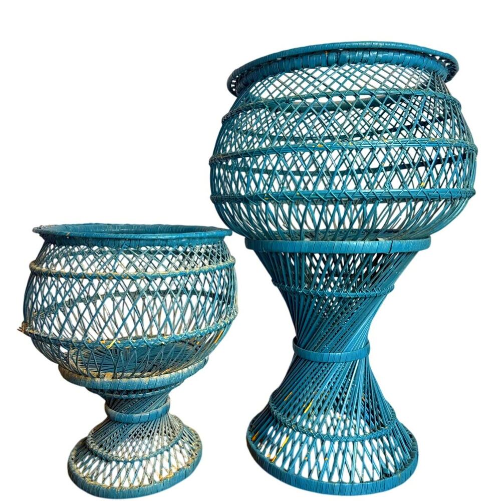 Vintage Wicker Plant Stands 24" and 16" Rattan Fern Stands Twisted Pedestal Base